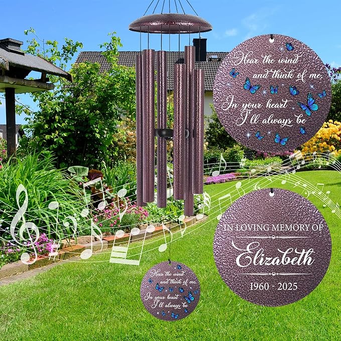 ASTARIN Memorial Butterfly Deep Tone Wind Chimes Personalized, (Printing in USA) Sympathy Remembrance Gifts for Loss of Mom Dad, Bereavement Gifts for Condolence Funeral, Garden Decoration