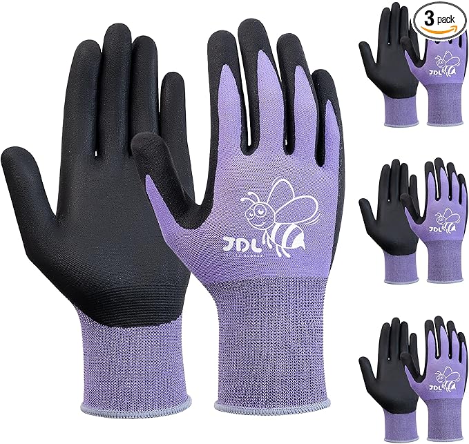 JDL 3 Pairs Nylon Nitrile Coated Gardening Gloves for Women, Touchscreen Yard Garden Gloves, Breathable Safety Work Gloves with Grip, Purple, Medium