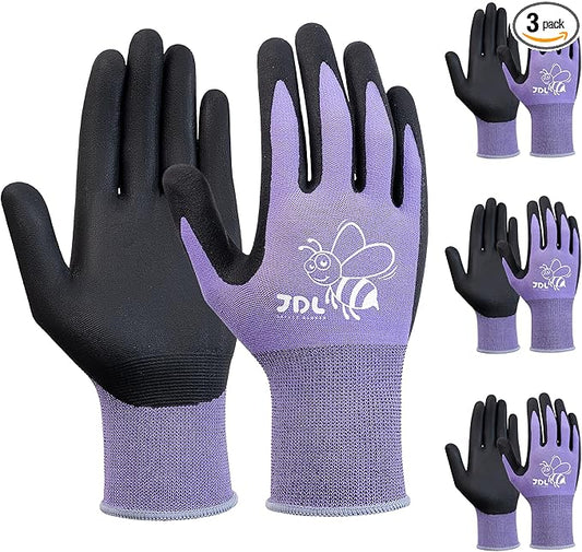 JDL 3 Pairs Nylon Nitrile Coated Gardening Gloves for Women, Touchscreen Yard Garden Gloves, Breathable Safety Work Gloves with Grip, Purple, Medium