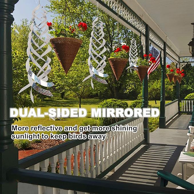 Hausse Bird Repellent Spiral Reflectors Silver Mylar Spinner, Hanging Reflective Bird Deterrent Device, Garden Decorative Scare Birds Away, Like Woodpeckers, Pigeons and Geese, 6 Pack