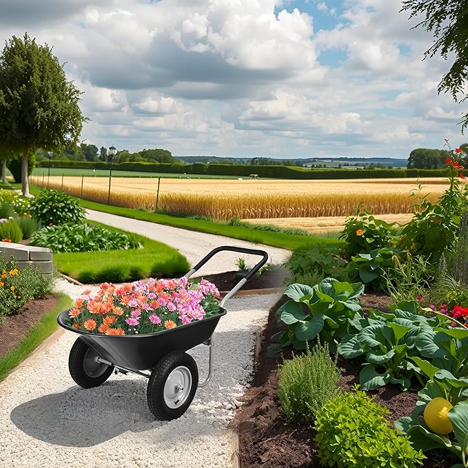 ERGOMASTER Dual-Wheel Wheelbarrow, Home Utility Garden Cart, 330 LBS Capacity, Large Heavy Duty Yard Cart for Gardening & Planting, Lawn, Farm, Construction Site, Black