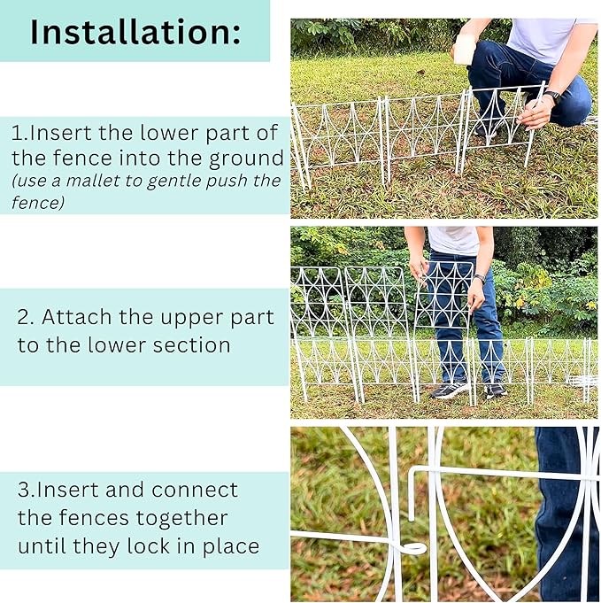ShopLaLa Decorative Garden Fence (10 Panels) 12.5in(L) x 31in(H) Animal Barrier Fencing Rustproof White Metal Wire Flower Edging for Landscape, Tall Large No Dig Fences Back Yard Pet Porch Gate D-F30D