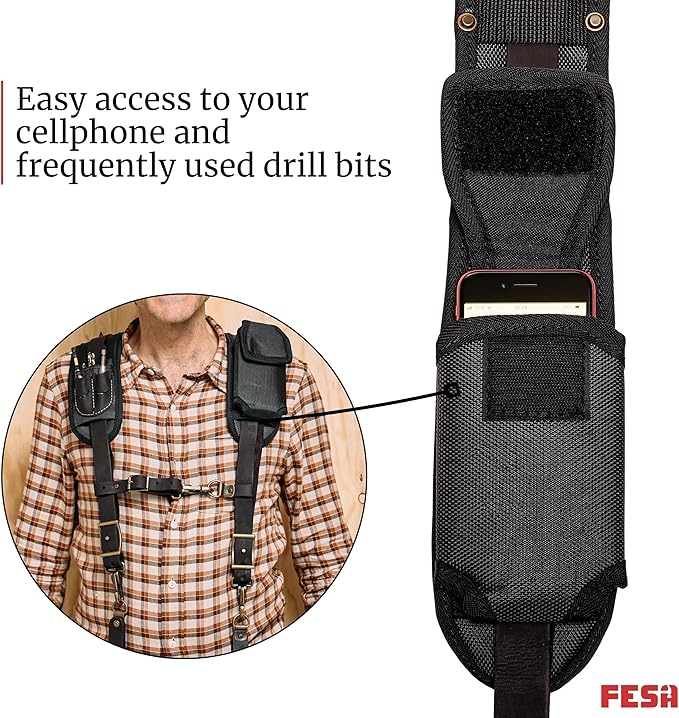 FESA Leather Tool Belt Suspenders for Men with Breathable Mesh Padding, Front Pockets & 4 Loops for Attachment to Work Belts