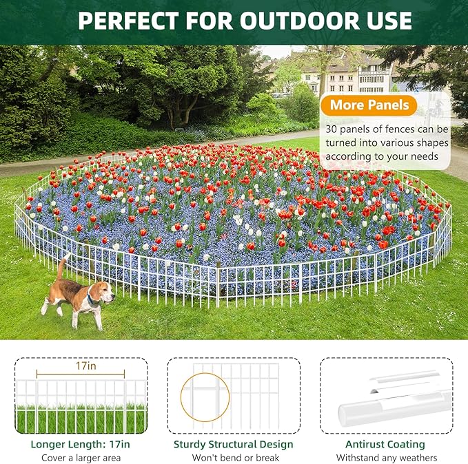 42.5ft(L) x 13in(H) Animal Barrier Fence, 30 Panels No Dig Garden Fence for Dog Rabbit, Rustproof Anti Digging Barrier, Garden Edging Border Ground Defense for Outdoor, Yard, Patio, White