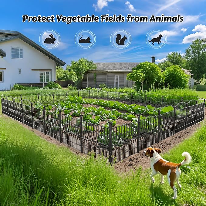 Bepatio 5 Panels Garden Fence with Latch, 27.6in (H) x 9.8ft (L) Dog Fence Outdoor for Yard, Arc Metal Fencing Panels, Animal Barrier Fencing for Outdoor, Patio, Flower Bed