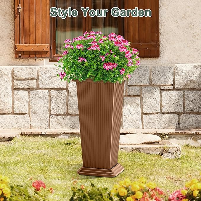 Set of 2 Large Planters for Outdoor Plants 24" Tall Tapered Modern Flower Pots with Drainage Tray for Garden, Patio, Porch (Brown Ribbed)