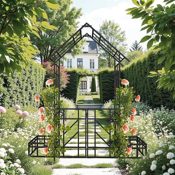 Metal Garden Arbor Arch with Gate and Plant Box, 97“ H Garden Trellis Wedding Arch Party Decoration for Outdoor Lawn Climbing Plants Support Roses Vines (Black Line)