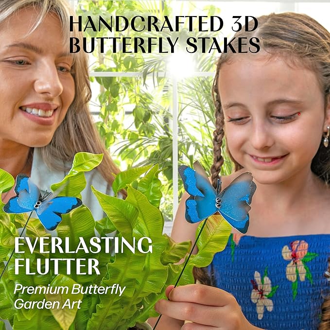 Handmade Sky Blue Butterfly Garden Stakes Set of 7 - Decorative Outdoor & Indoor Plant Decor - Nature Lover Gift Idea by Air Aquarium Kushner