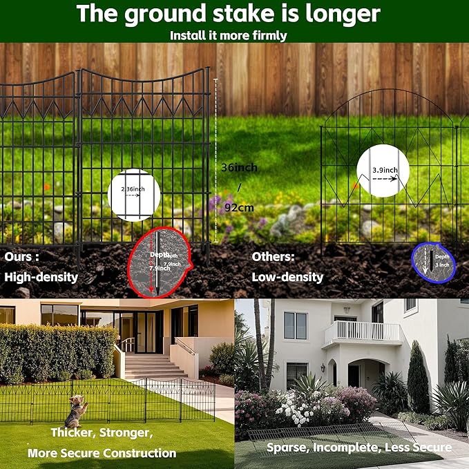 12 Panels Outdoor Dog Fence with gate, 36in(H)×27ft(L) Tall Decorative No Dig Fence | Rustproof Metal Fence Borders | Heavy Duty Reusable Defense Animal Barrier Fence for Yard, Patio, Black