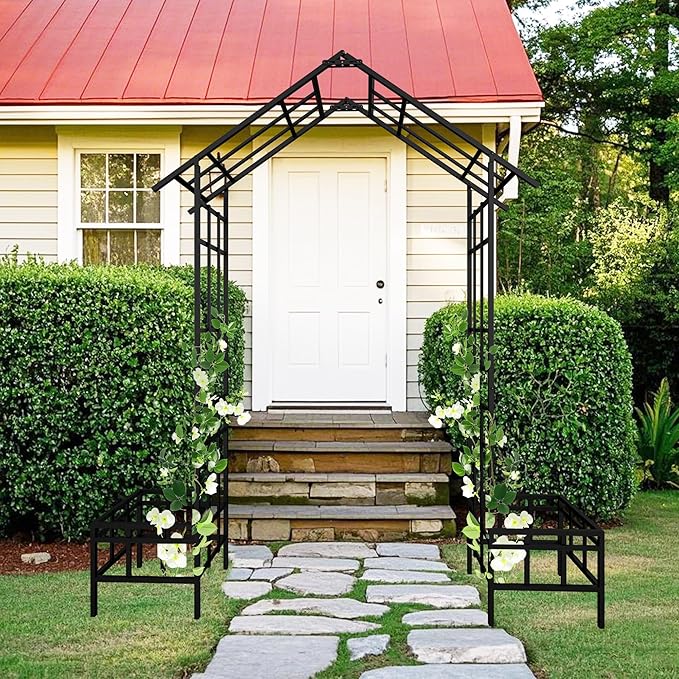 Metal Garden Arch with Plant Box Adjustable Width W68.11'' ~W94.29'' Garden Trellis Climbing Plants Support Rose Arch Outdoor Wedding Party Events Archway,Black