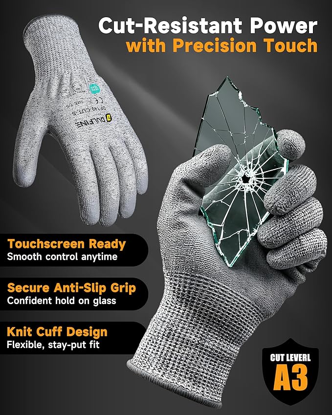 DULFINE ANSI A3 Cut Resistant Work Gloves for Men and Women, PU Coated,Ideal for Woodworking, Glass Cutting, Construction, Cargo Handling, Car Repair(Extra Large)