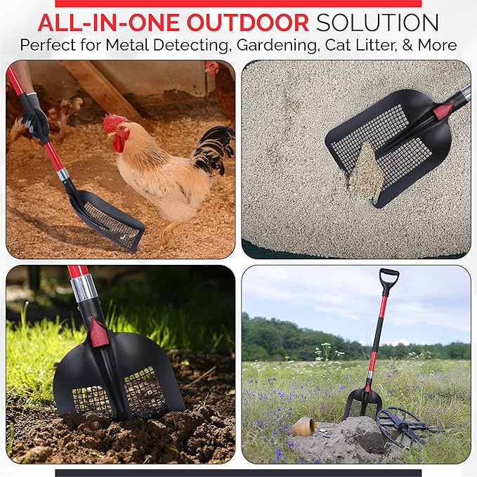 Sifting Shovel, Sand Sifter Shovel for Chicken Coop Scooper, Beach, Heavy Duty with Ergonomic Fibreglass Handle Double Grip with Gloves