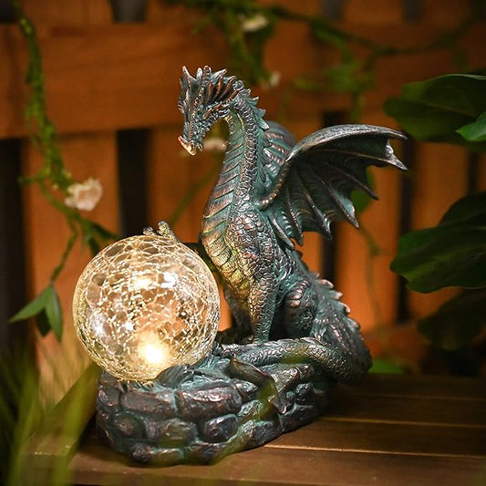 TERESA'S COLLECTIONS Dragon Outdoor Statues with Solar Crackle Globe Light, Resin Bronze Gothic Garden Decor,Touching Magic Ball Resin Lawn Ornaments for Patio Yard Decorations Gifts for Mom Dad, 6"