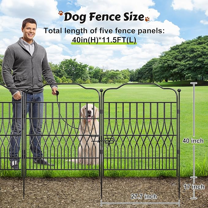 Bepatio 5 Panels Tall Garden Fence with Latch, 40in (H) x 11.5ft (L) Dog Fence Outdoor for Yard, Arc Metal Fencing Panels, Animal Barrier Fencing for Outdoor, Patio, Flower Bed