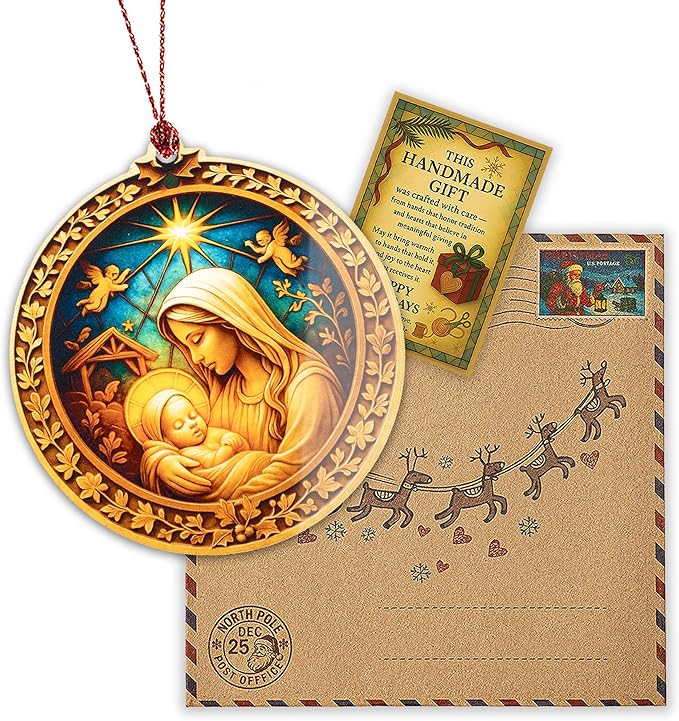 Nativity Mary and Baby Jesus Ornament – Nativity Ornament – Religious Gifts – Christian Decor – Christmas Ornament – Suncatcher Effect Stained Glass Window Hanging – Car Hanging