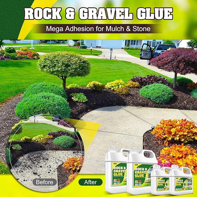 Rock Glue, Mulch Glue 1 Gallon / 128oz - Fast Drying and Long Lasting Pea Gravel Stabilizer & Mulch Adhesive Safe for Lockdown Sticky Rocks, Bark, Rubber - Gravel Binder for Garden, Driveway, Walkway