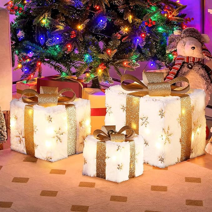 LuxenHome Set of 3 Lighted Gift Boxes, Battery Operated Plush Fabric with Gold Ribbon Bow Boxes for Xmas, Lawn, Porch, Under Tree Indoor, Outdoor Christmas Decorations