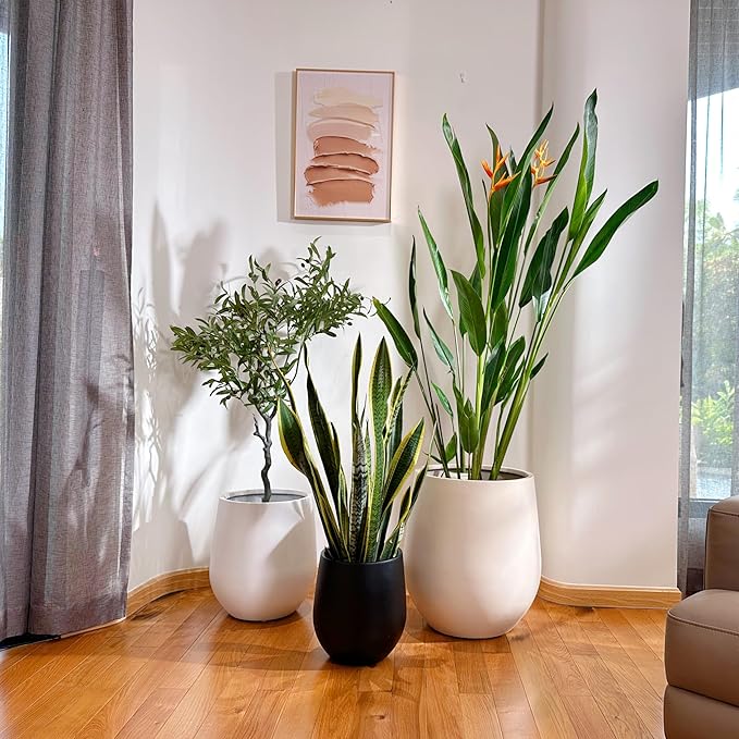 16.5"H x 15"D Ribbed Corso Fiberstone Round Planter - Christmas Tree Planter, Weather Resistant for Indoor & Outdoor Use, Included 2 Extra Coco Mats (Ribbed Speckled White,11.5" Pot Opening)