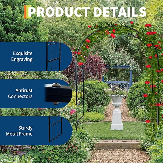 Metal Arch Backdrop Stand, Wedding Arch Frame for Wedding Decorations, Balloon Arch Stand with Stakes for Ceremony, Christmas, Outdoor Garden Arch Arbor Trellis for Climbing Plants, Black