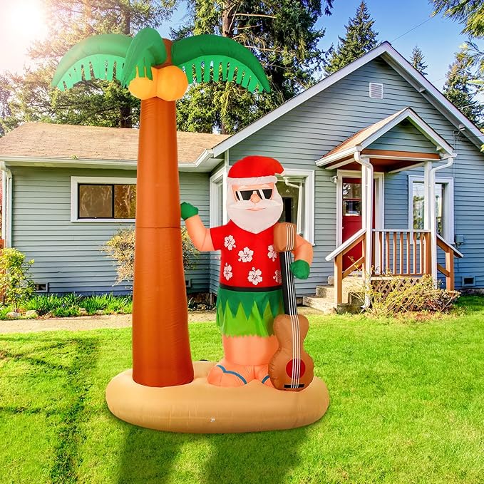 Liliful 8 Ft Tall Christmas Santa Inflatable Outdoor Decorations Hula Santa Claus on Beach Palm Tree Outdoor Xmas Blow Up Yard Decoration with LED Lights for Christmas Party Outdoor Garden Lawn Patio