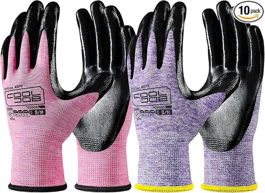 COOLJOB 10 Pairs Nitrile Dipped Rubber Coated Safety Work Gloves with Grip, Non-slip Bulk Gardening Roofing Gloves for Ladies Women, Oil-resistant Gear for Package Handler, Warehouse Worker, Large