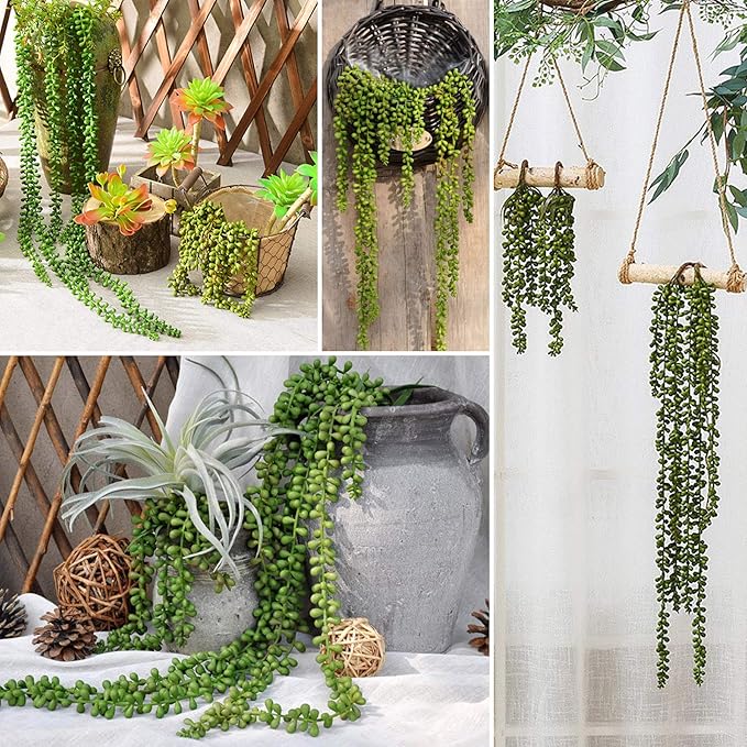 HUIANER Artificial Succulent Plants, 13.4" Fake Hanging String of Pearls Simulation Greenery Plants for Christmas Wall Home Kitchen Office Garden Wedding Decor, Pack of 2