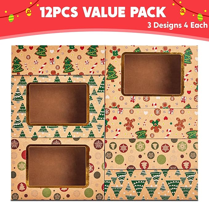 JOYIN 24 PCS Foiled Christmas Cookie Boxes for Gift Giving, 8.75" x 5.75" x 2.75” Bakery Boxes with Window, 3 Design Brown Kraft Cardboard Treat Box for Xmas Holiday Pastries Cupcakes Doughnut Wrap
