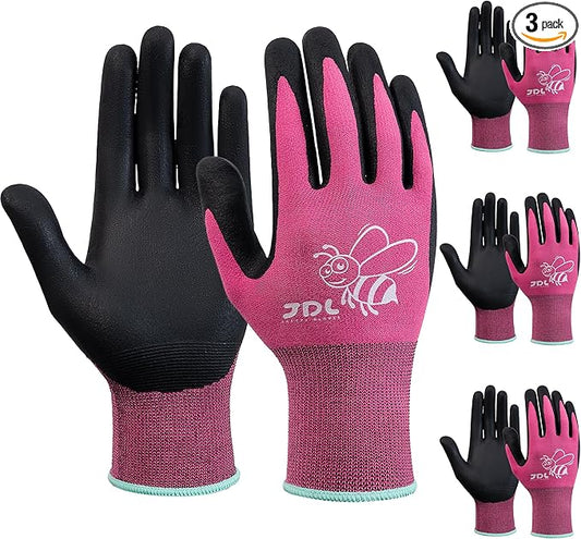 JDL 3 Pairs Nylon Nitrile Coated Gardening Gloves for Women, Touchscreen Yard Garden Gloves, Breathable Safety Work Gloves with Grip, Pink, Medium