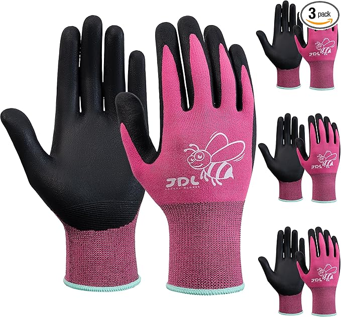 JDL 3 Pairs Nylon Nitrile Coated Gardening Gloves for Women, Touchscreen Yard Garden Gloves, Breathable Safety Work Gloves with Grip, Pink, Large