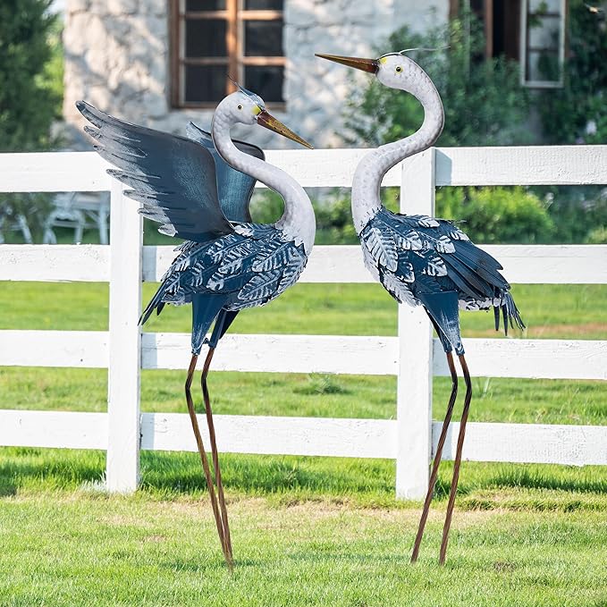 TERESA'S COLLECTIONS Yard Decorations Outdoor Garden Statues, Blue Metal Crane Yard Art, 25-26" Lawn Ornaments for Backyard,Outside Porch,Patio,Heron Decoy Bird Garden Decor,Set of 2,Gifts for Mom