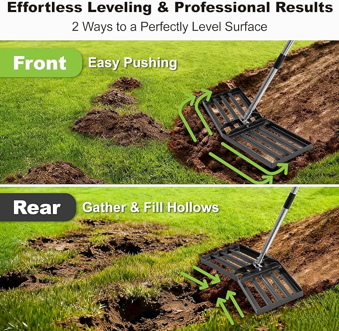 Labor-Saving Design Lawn Leveling Rake [Patent-Pending], 30"x10" Stainless Steel Yard Leveling Rake, 70" Adjustable Handle, Sand Leveling Rakes for Soil, Ground Leveler for Yard, Garden, Farm, Pasture