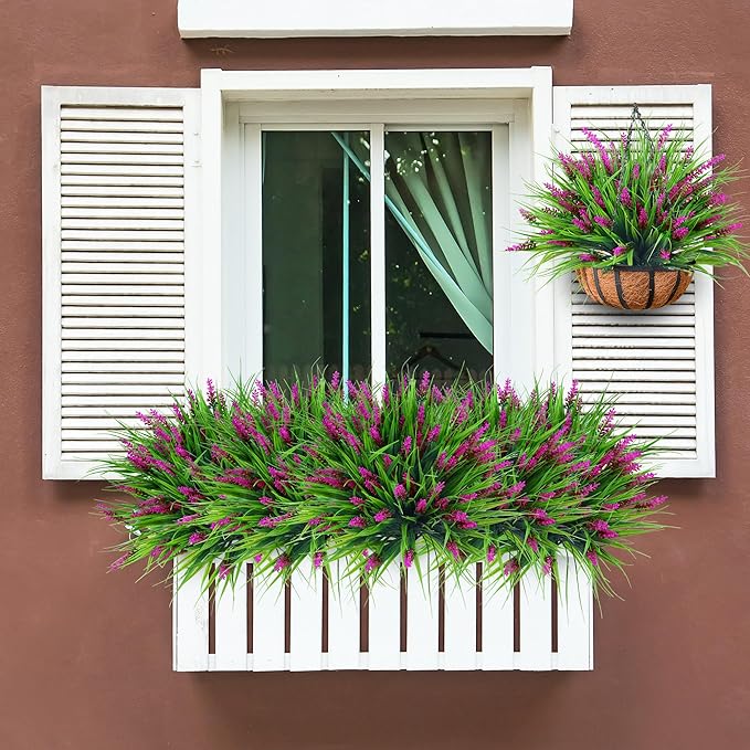 Sggvecsy 12 Bundles Artificial Plants Outdoor Faux Lavender Flowers Fake Monkey Grass UV Resistant Plastic Greenery Plants for Garden Home Porch Window Patio Hanging Planter Indoor Decor (Magenta)