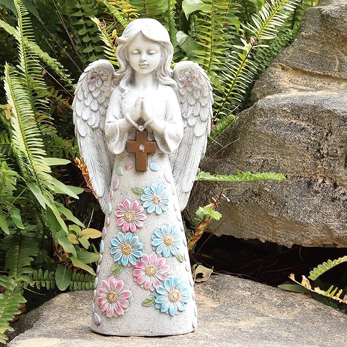 Angel Garden Statue Outdoor Figurine, Solar Powered Garden Sculpture with 6 LEDs Resin Praying Angel Decor for Patio Lawn Yard Porch Decoration Christmas Birthday Housewarming Present 13.2” H