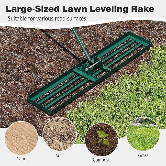 46" x 10" Lawn Leveling Rake, Heavy Duty Landscape Rake with 67" Handle, Non-Slip Grip & Flat Head, Space-Saving Lawn Level Tool for Garden, Backyard, Golf Course & Sports Field(Green)