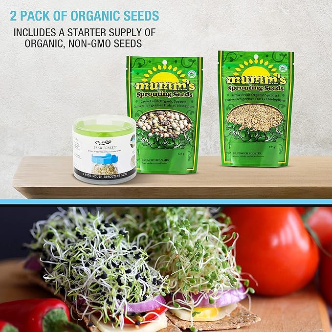 Masontops Bean Screen Sprouts Growing Kit - Sprouting Lids & Sprout Mixes Microgreens Growing Kit - Sprouting Kit Wide Mouth Mason Jar Strainer Lid