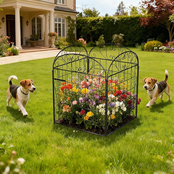 4 Panels Garden Fence Dog Fence Outdoor for Yard with Gate, 30 in(H) x 8.4 ft(L) No Dig Decorative Garden Fencing Animal Barrier, Metal Wire Panel Border for Dogs, Rabbits, Patio, Flower Bed
