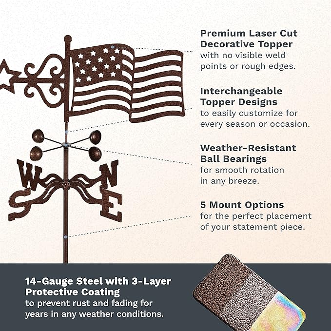 EZ Vane Steel USA Flag Weathervane 21” Height, Includes Metal 4-Sided Mount, Wind Cups & Brackets | Hand-Crafted and Family-Owned, Made in The USA with Triple Powder Coating, Limited
