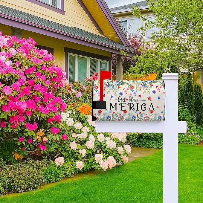 God Bless Patriotic Mailbox Covers 4th of July Mailbox Cover Magnetic Standard Size 21x18 in Red and Blue Floral Post Letter Box Cover Wrap Outdoor Decor for Garden Eucalyptus Leaf