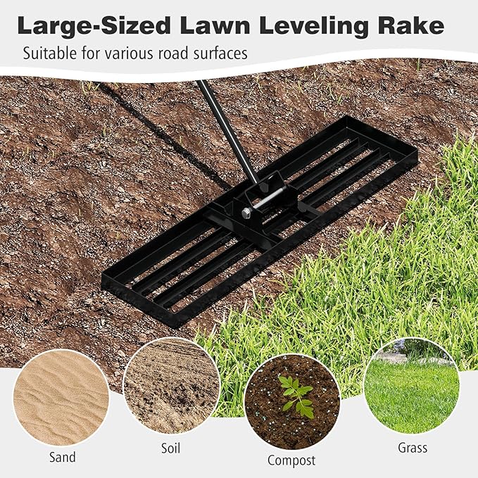 36" x 10" Lawn Leveling Rake, Heavy Duty Landscape Rake with 67" Handle, Non-Slip Grip & Flat Head, Space-Saving Lawn Level Tool for Garden, Backyard, Golf Course & Sports Field(Black)