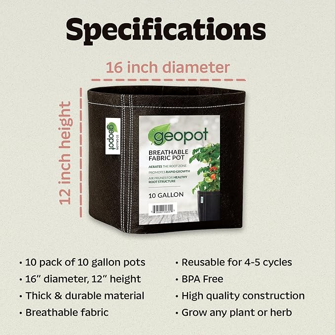 GeoPot 10 Gallon Fabric Grow Bags for Vegetables, Houseplants, Herbs & Flowers |5-Pack| Fabric Pots for Outdoors and Indoors, Aerated Fabric Grow Bags