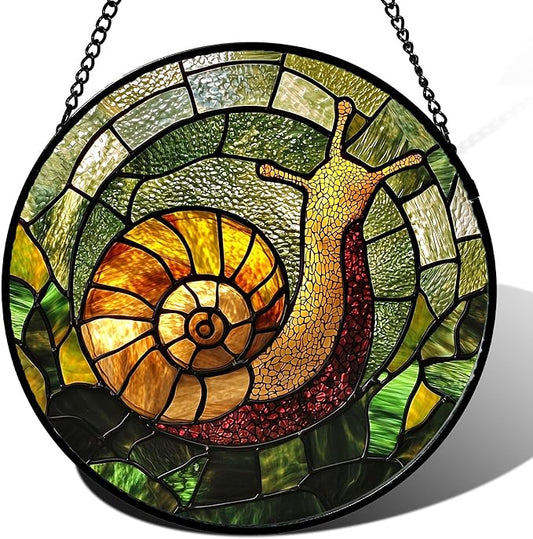 Stained Glass Window Hanging, Green Orange Snail Sun Catcher for Door Home Decor Suncatcher Christmas Mother's Day Birthday Gifts for Women Men Mom and Nana 7.8 in