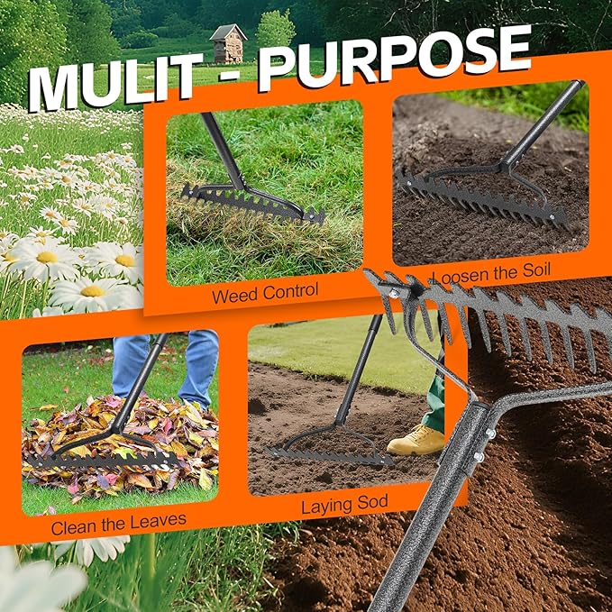 Thatch Rake, 49" Heavy Duty Metal Lawn Leveling Rake with 17 Tines, Garden Tool with Adjustable Long Handle for Looseing Soil, Weede Control
