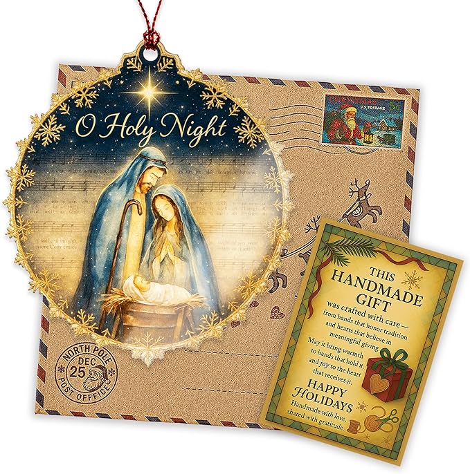 Nativity Ornament – O Holy Night – Christian Christmas Decor – Holy Family Card – Religious Gift – Christmas Holiday – Suncatcher Effect Stained Glass Window Hanging – Car Hanging