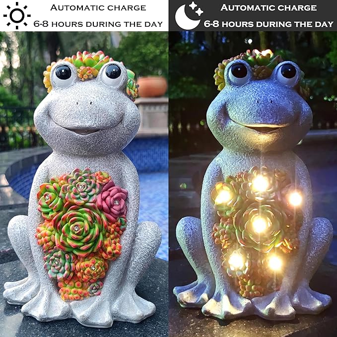 Solar Frog Garden Outdoor Statue with 8 LED Lights Mom Gifts Home Decorations,Fairy Garden Solar Figurines Lights, Resin Frog Decor Art Housewarming Gift for Patio,Yard,Lawn Ornament