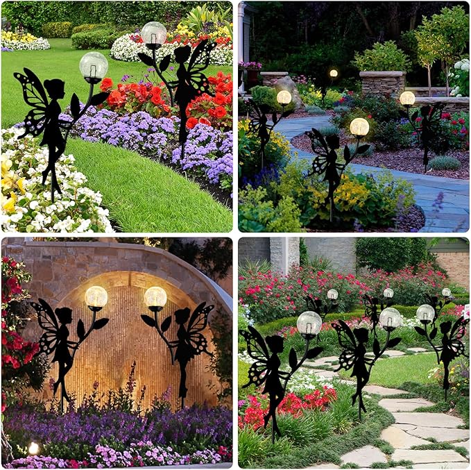 Ouddy Decor 2 Pack Solar Fairy Garden Decor, Metal Statues with Crackle Glass Globe Lights Silhouette Waterproof for Outdoor Lawn Patio Yard Pathway Home Christmas Decorations Gardening Gifts