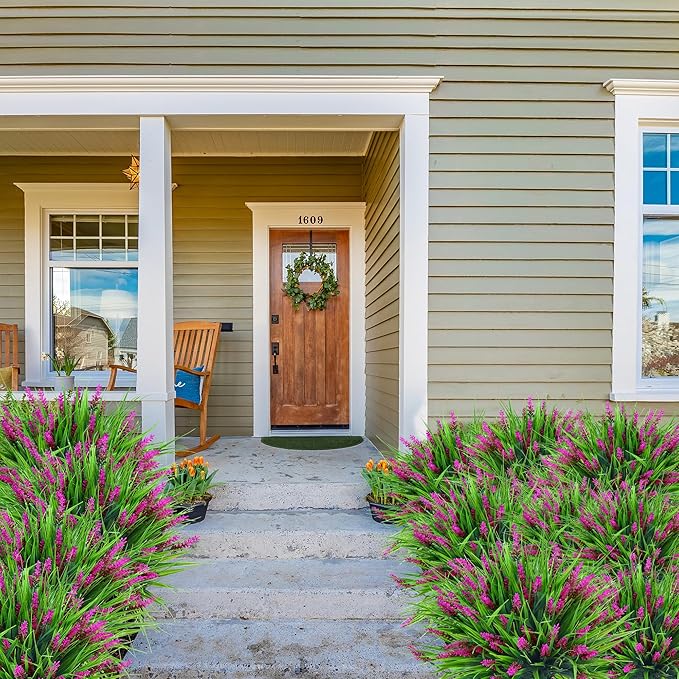 Sggvecsy 12 Bundles Artificial Plants Outdoor Faux Lavender Flowers Fake Monkey Grass UV Resistant Plastic Greenery Plants for Garden Home Porch Window Patio Hanging Planter Indoor Decor (Magenta)
