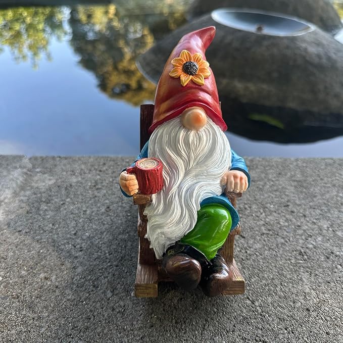 Drinking Coffee Faceless Garden Gnome Statue Decoration - 7.2" Rocking Chair Gnome Statue Figurine Ornament for Indoor Outdoor Home Patio Yard Lawn