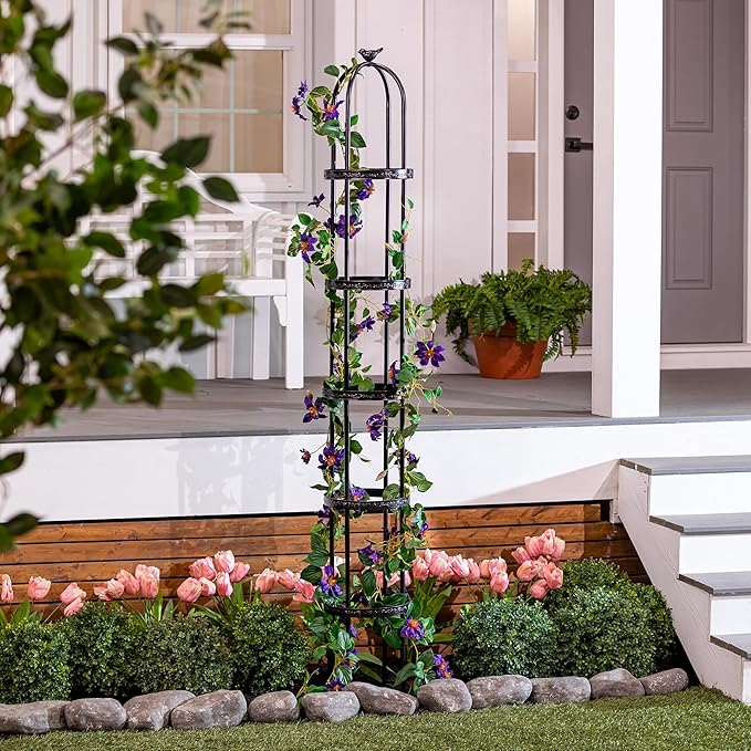 Evergreen Garden Metal Garden Obelisk Trellis for Climbing Plants Outdoor | Indoor Plant Trellis for Potted Plants | Floral Pattern Arch Trellis (7 Feet, Black)