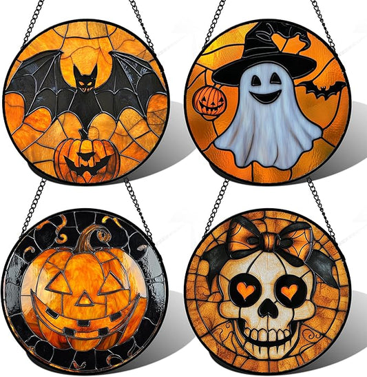 Stained Glass Window Hanging 4 Pcs Set Ghost Pumpkin bat Gothic Decor 6.3" - Horror Halloween Suncatcher Door Garden Sun Catcher Birthday White Elephant Gifts for Mom Woman Men Friend