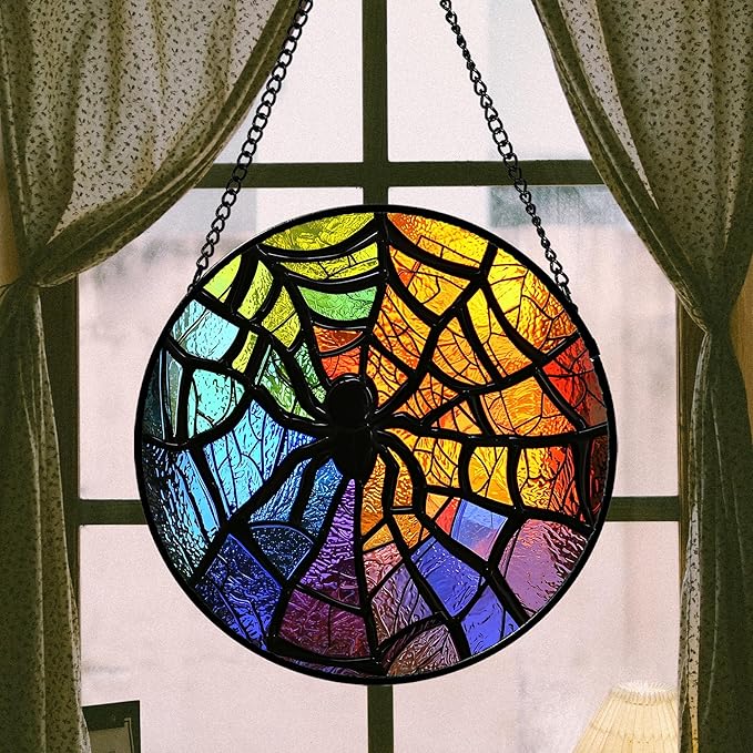 Stained Glass Suncatcher, Colorful Spider Sun Catcher Black Insect Stain Glass Window Hanging Decoration Mother's Day Birthday Gifts for Women Men Mom Nana 6.3 in
